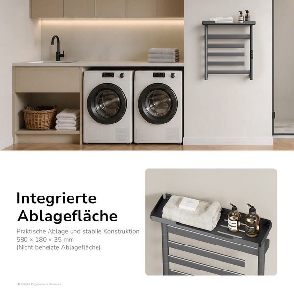 Wandheizkörper für das Badezimmer oder die Waschküche mit integrierter Ablagefläche, Abmessungen 580 mal 180 mal 35 Millimeter, moderne Optik.