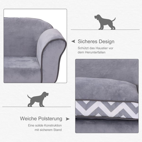 PawHut Hundesofa, Haustiersofa mit erhöhten Füßen, Hundecouch, Hundeliege mit Kissen, Hundebett, Katzensofa, Waschbar, Samt, Grau, 73,5 x 41 x 33 cm