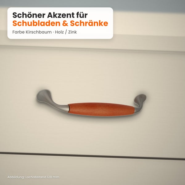 Möbelgriff aus Holz in Kirschbaumoptik und Zink für Schubladen und Schränke mit 128 Millimeter Lochabstand.