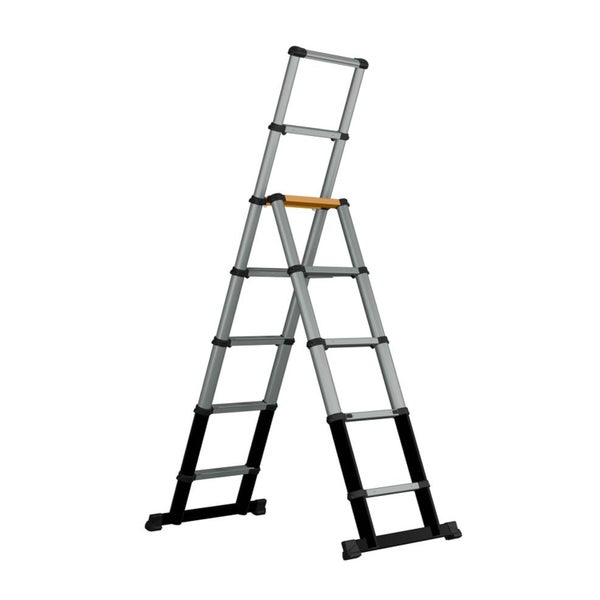 Teleskop-Mehrzweckleiter aus Aluminium mit Sicherheitsbügel und breiter Traverse für stabilen Stand.