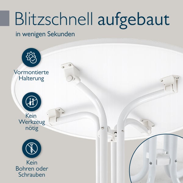 Unterseite eines Stehtisches mit vormontierter Halterung für schnellen Aufbau ohne Werkzeug, Bohren oder Schrauben.