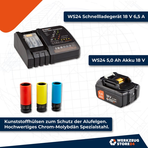 Werkzeug Store24 Akku Schnellladegerät, 18 Volt Akku, und Kunststoffhüllen für Felgenschutz aus Chrom-Molybdän Spezialstahl