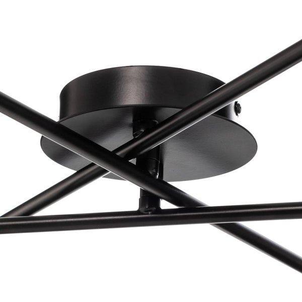 Schwarze Deckenhalterung aus Metall für eine Leuchte mit kreuzenden Stangen