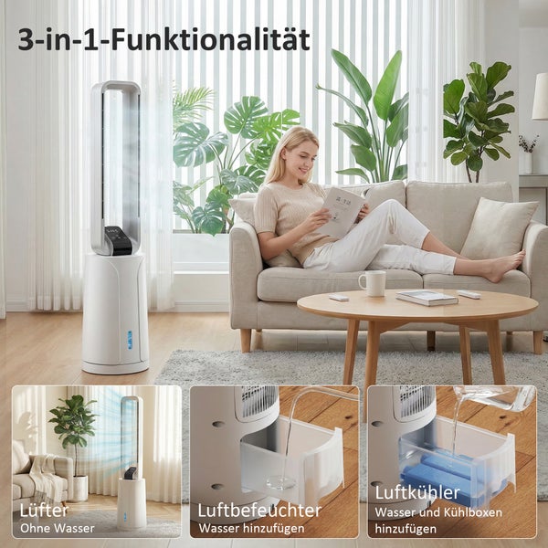 Helles, modernes Wohnzimmer mit einer Frau auf einem Sofa und einem 3-in-1-Gerät, das als Lüfter, Luftbefeuchter und Luftkühler fungiert.