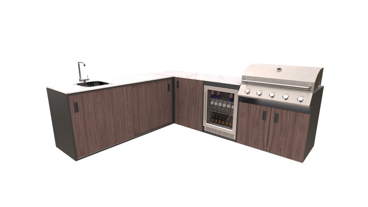 Outdoor-Küche mit Spüle, Kühlschrank und Grill