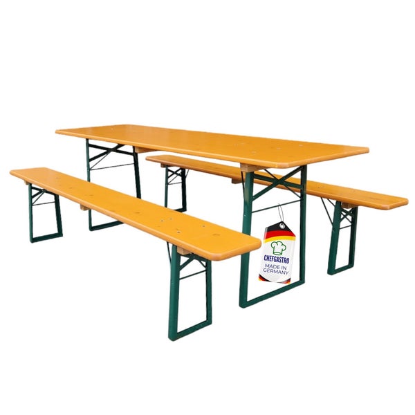 ChefGastro Festzeltgarnitur aus Holz mit Metallgestell bestehend aus einem Tisch und zwei Bänken, hergestellt in Deutschland.