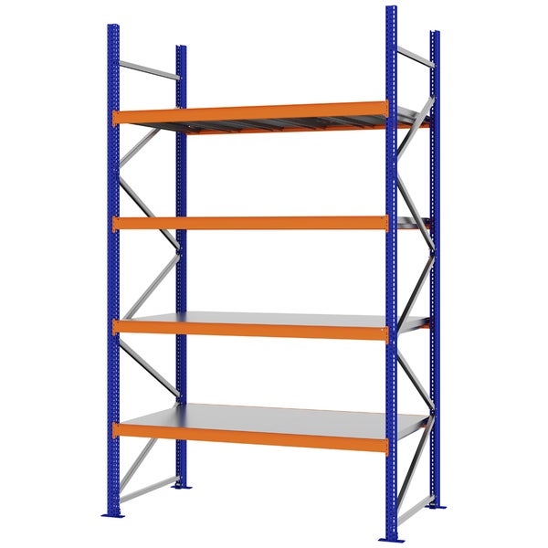 Schwerlastregal aus Stahl mit blauem Rahmen, orangen Traversen und vier Ebenen.