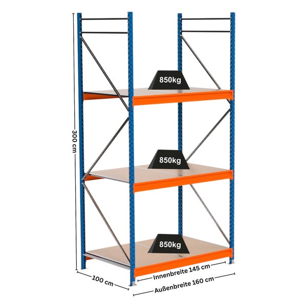 Lagerregal mit drei Ebenen und einer maximalen Belastbarkeit von 850 Kilogramm pro Ebene
