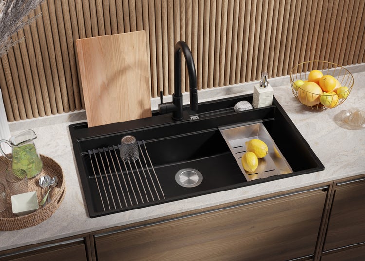 PRIMAGRAN Granitspüle Schwarz 88x53cm, Spülbecken 1 Becken + Küchenarmatur 32x20cm + Ablauf-Set + Küchenzubehörset, Küchenspüle ab 90er Unterschrank - Oslo Pocket