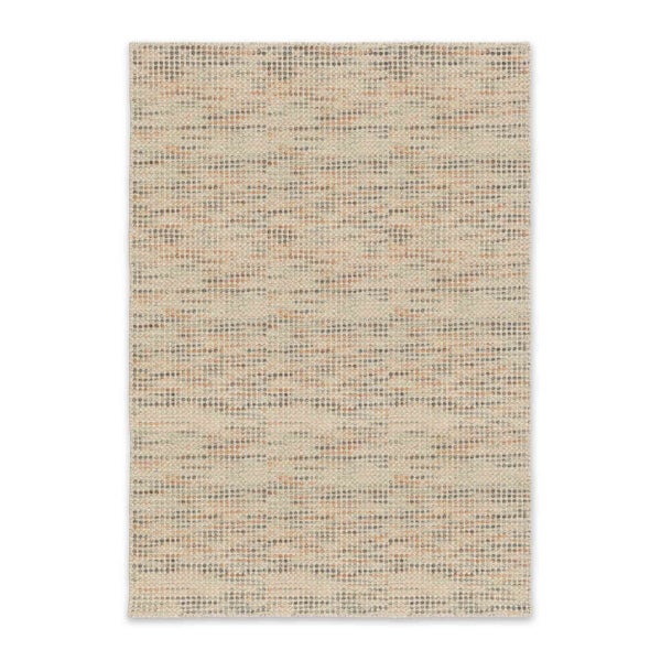 Rechteckiger Webteppich mit Punktmuster in Zickzackform in Beige, Grau und Orange.
