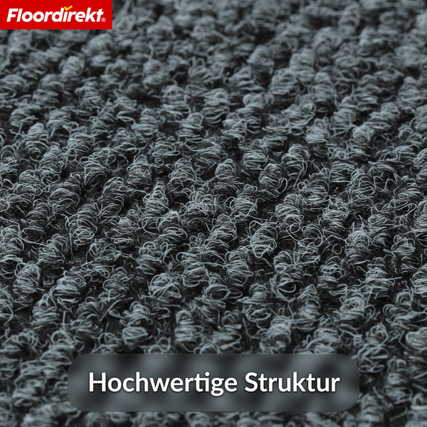 Floordirekt Logo. Nahaufnahme der gerippten Schlingenoberfläche einer Fußmatte mit dem Text Hochwertige Struktur.