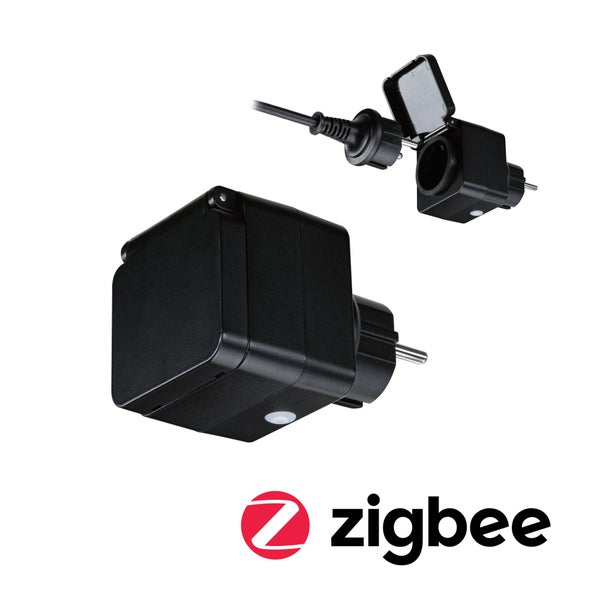 Schwarzer smarter Zwischenstecker für den Außenbereich mit Zigbee Technologie und Klappdeckel, zeigt Einsteckvorgang, Zigbee Logo.