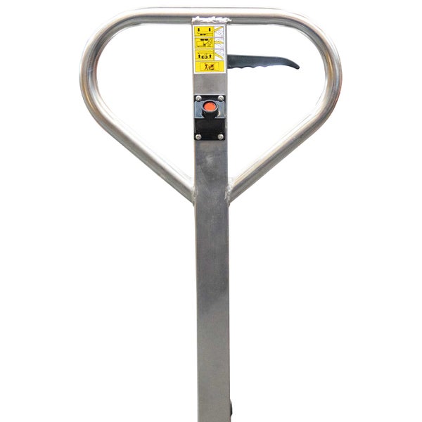 Deichselgriff eines Edelstahl-Hubwagens mit Bedienhebel und Sicherheitshinweisen.