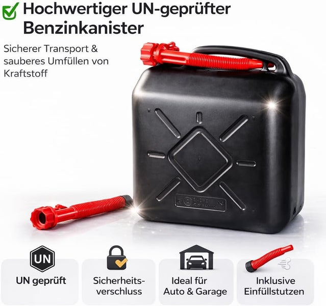 Schwarzer Benzinkanister mit rotem Einfüllstutzen