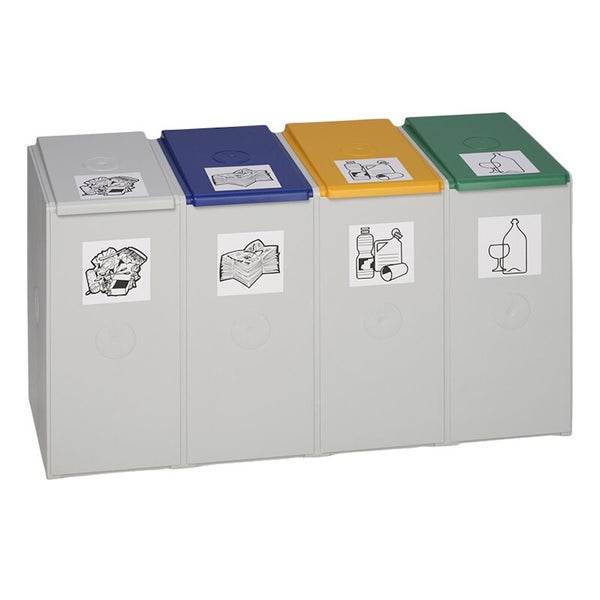 Mülltrennsystem mit 4 Behältern für Restmüll, Papier, Wertstoffe und Glas, aus Kunststoff mit farbigen Deckeln.