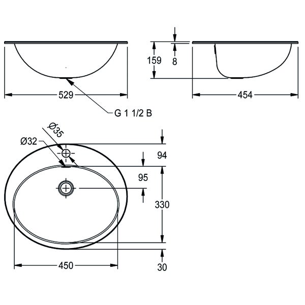 Maßzeichnung eines ovalen Waschbeckens mit Maßen in Millimeter: Breite 529, Tiefe 454 und Höhe 159.