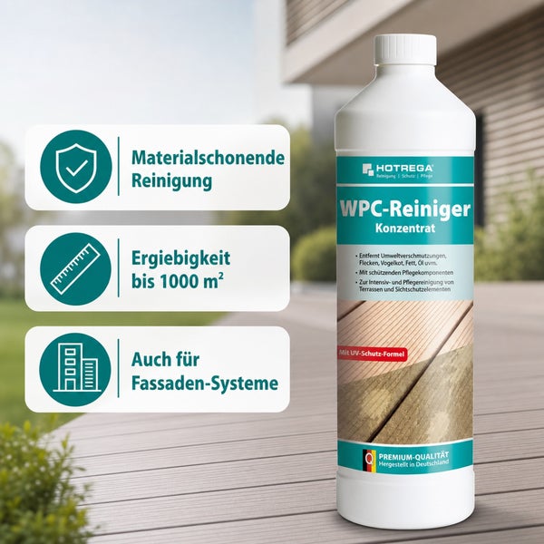Hotrega WPC Reiniger Konzentrat in der Flasche mit Hinweisen zu Materialschonung, Ergiebigkeit bis 1000 Quadratmeter und Fassadenanwendung.