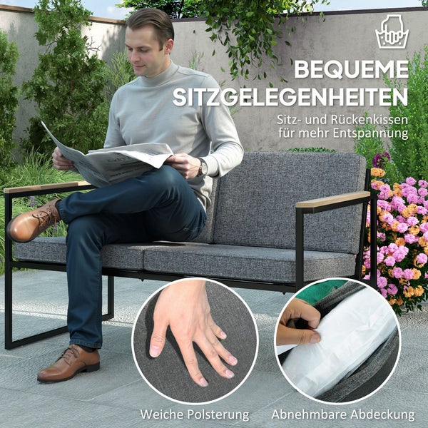 Outsunny Gartenmöbel Set 4 Personen wetterfest Balkonmöbel-Set mit 2er Sofa, 2 Stühle Sitzkissen Beistelltisch Outdoor Sitzgruppe Terrassenmöbel Gartengarnitur für Garten Terrasse Balkon Grau