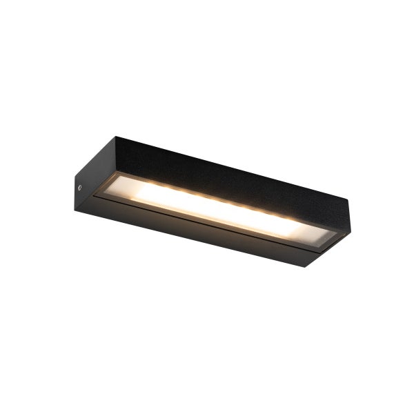 Rechteckige LED-Außenwandleuchte aus schwarzem Metall mit warmweißem Licht.