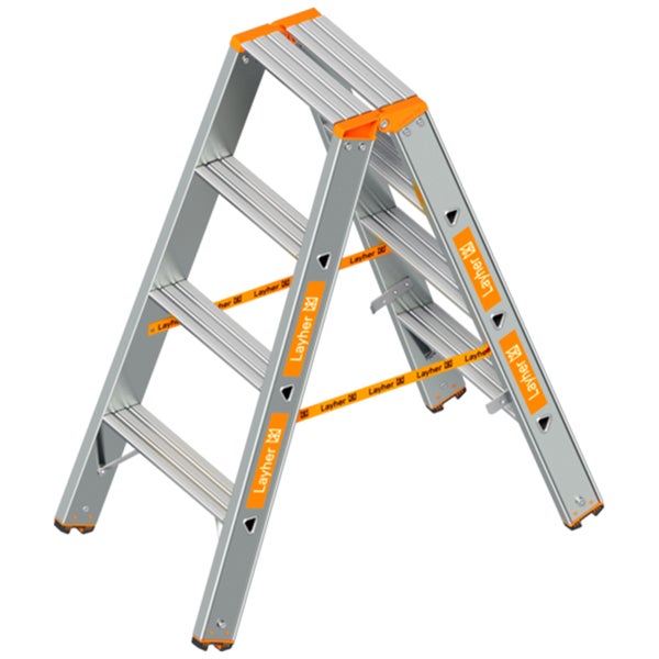 Layher Aluminium-Stufenstehleiter beidseitig begehbar mit zwei mal vier Stufen und Sicherheitsgurten.