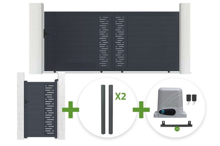 Modernes Aluminium-Schiebetor-Set mit Gartentür, zwei Pfosten und elektrischem Torantrieb mit Fernbedienungen.