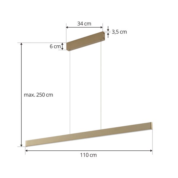 Maßzeichnung einer LED-Pendelleuchte mit 110 Zentimeter Länge, maximal 250 Zentimeter Höhe und Deckenkasten 34 mal 6 mal 3,5 Zentimeter.