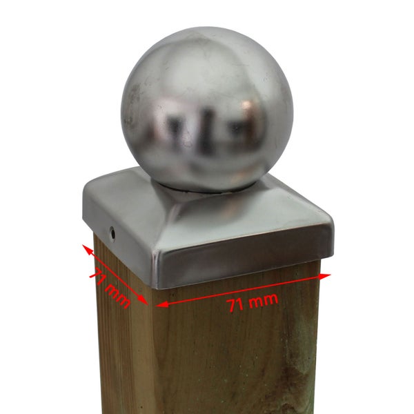 Pfostenabdeckung aus Edelstahl mit Kugel, Pfostenmaß 71 mm