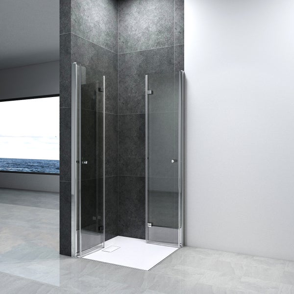 Duschkabine mit zwei Türen und flacher Duschwanne in modernem Badezimmer