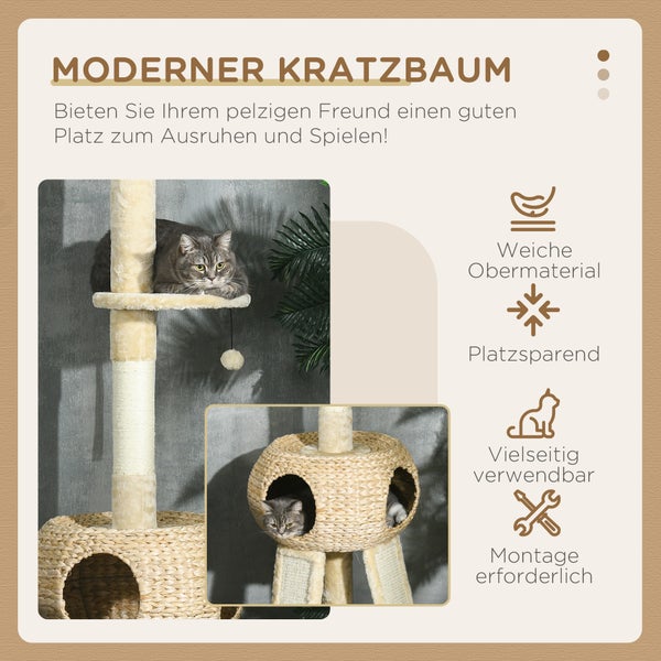 PawHut Kratzbaum Deckenhoch, 225-255 cm Katzenkratzbaum mit Katzenhöhle, Katzenbaum mit Spielball, Hängematte, Kletterbaum für Katzen bis 5 kg, Katzenmöbel, Plüsch, Beige