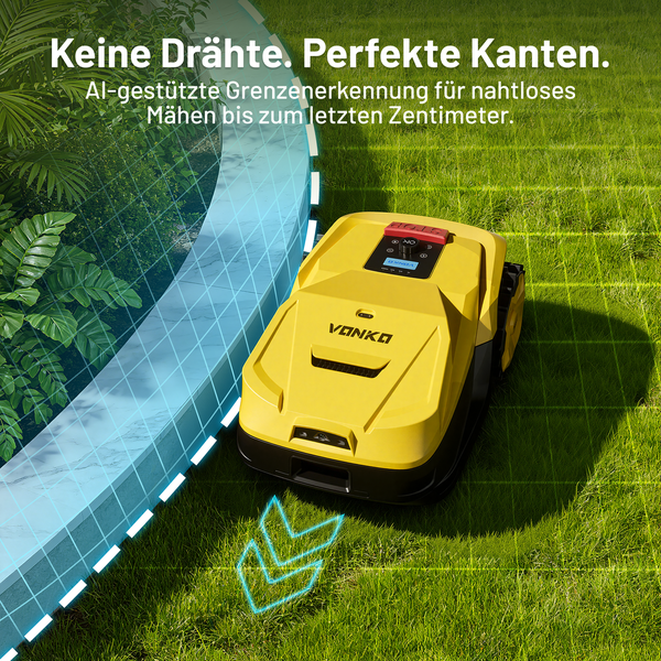 Gelber VANKO Mähroboter mit Grenzerkennung durch künstliche Intelligenz auf einer Rasenfläche neben einer Steinkante.
