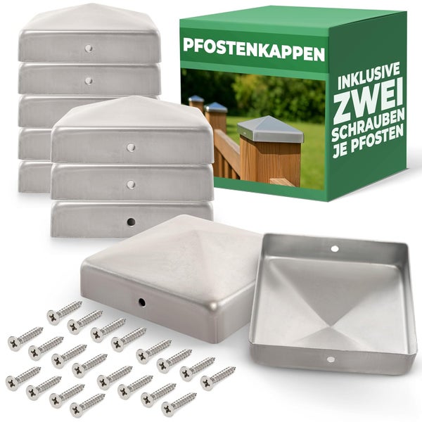 Zehn quadratische Pfostenkappen aus Metall inklusive zwanzig Schrauben für Zaunpfosten.
