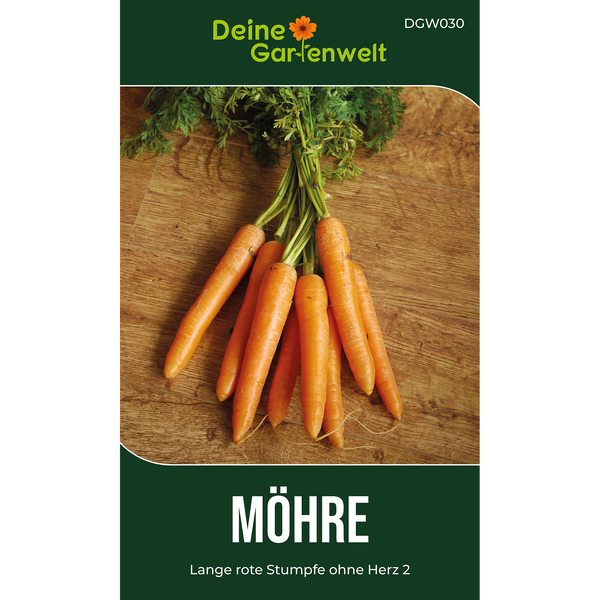 Samentüte für Möhren der Sorte Lange rote Stumpfe ohne Herz 2 von Deine Gartenwelt mit Abbildung frischer Möhren auf einer Holzoberfläche.