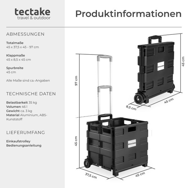Produktinformationen zu einem schwarzen Einkaufstrolley von tectake mit Maßen und technischen Daten.