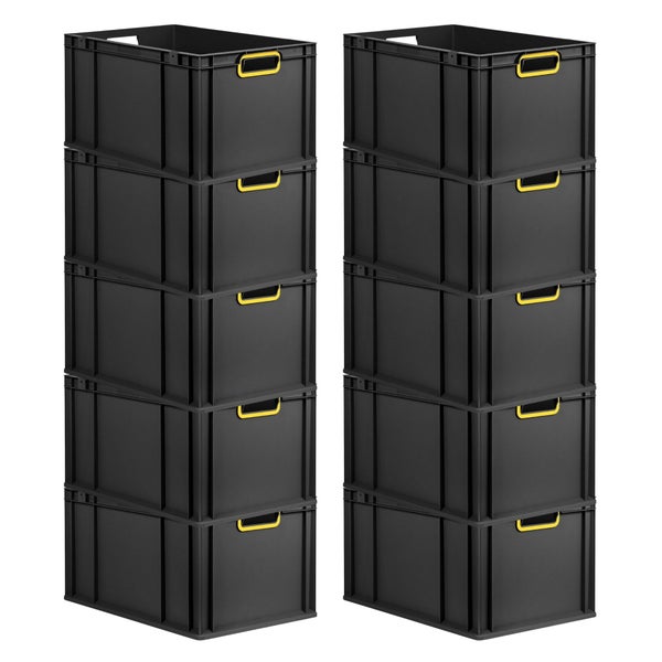 PROREGAL SparSet 10x Eurobox NextGen Color, HxBxT 32x40x60cm, 65 Liter, Griffe gelb offen, Verstärkter Boden, Schwarz, Eurobehälter, Transportbox, Transportbehälter, Stapelbehälter