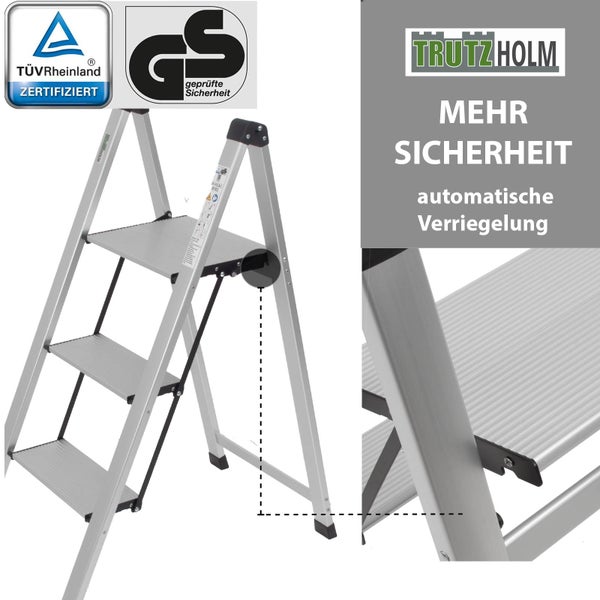 TrutzHolm Logo. Aluminium Leiter mit drei Stufen, TÜV Rheinland zertifiziert und geprüfte Sicherheit Siegel.