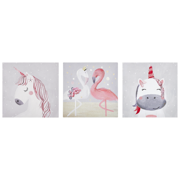 Dreiteiliges Wandbild mit Einhorn- und Flamingomotiven