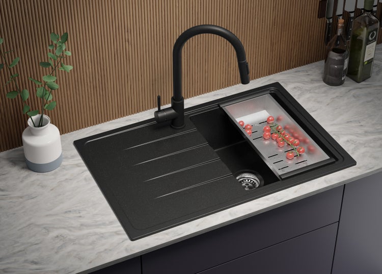 PRIMAGRAN Spülbecken Alles Schwarz 78x50cm, Granitspüle 1 Becken + Ablauf-Set, Küchenspüle ab 45er Unterschrank - Mailand