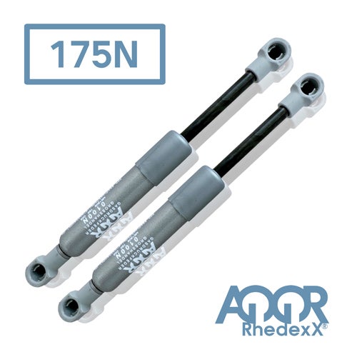 Zwei Gasdruckfedern mit 175 Newton Federkraft für Möbel und Klappen, AQOR Rhedexx Logo.