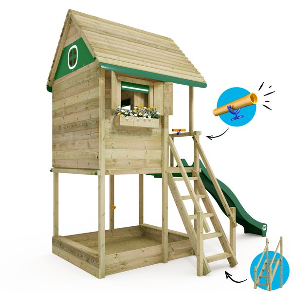 Holzspielhaus mit Rutsche, Leiter und Sandkasten