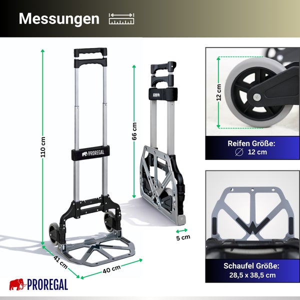 Abmessungen der Proregal Sackkarre: Höhe 110 Zentimeter, Breite 40 Zentimeter, Tiefe 41 Zentimeter. Klappmaß 66 mal 5 Zentimeter. Proregal Logo.