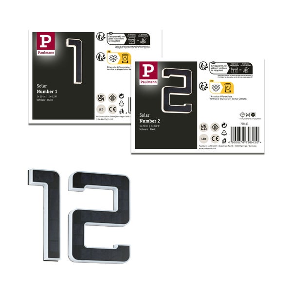 Set Solar LED Hausnummernleuchte inkl. wechselbarer Akku Nummer 12 3000K 2x6lm 2x0,2W Schwarz
