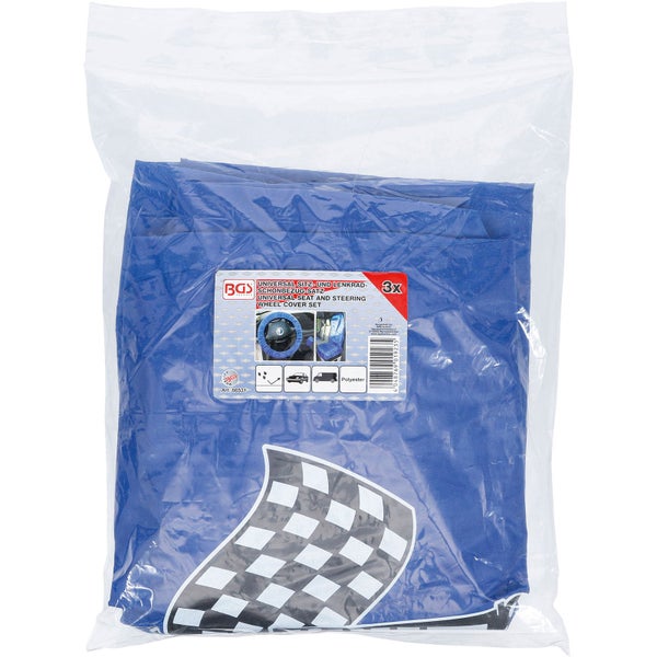 Set aus blauen Schutzhüllen für Autositz, Lenkrad und Schalthebel mit BGS technic Logo im Innenraum eines Fahrzeugs.