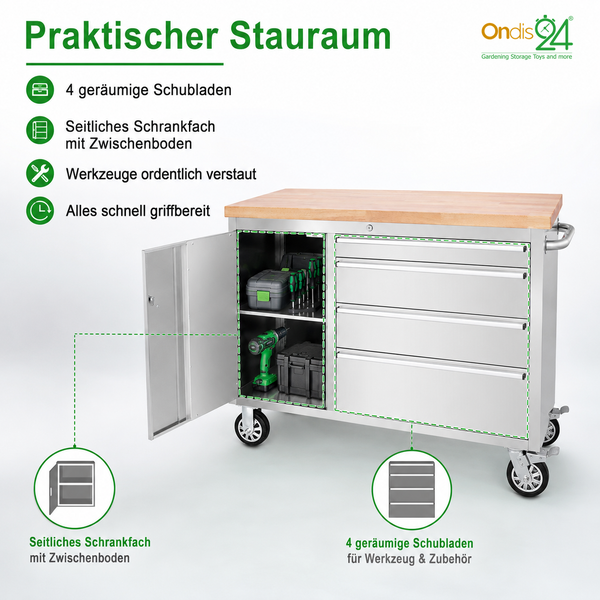 Ondis24 Werkstattwagen aus Edelstahl mit Holz-Arbeitsplatte, vier geräumigen Schubladen und seitlichem Schrankfach mit Zwischenboden. Ondis24 Logo.
