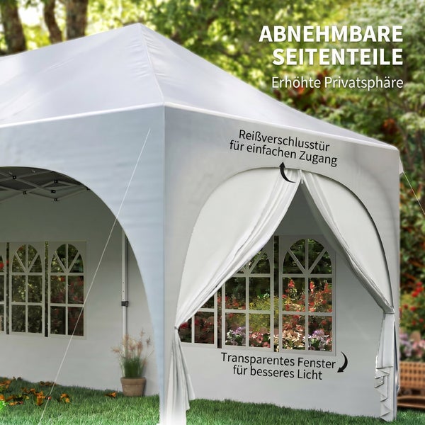 Weißer Gartenpavillon mit abnehmbaren Seitenteilen, einer Reißverschlusstür und transparenten Fenstern.