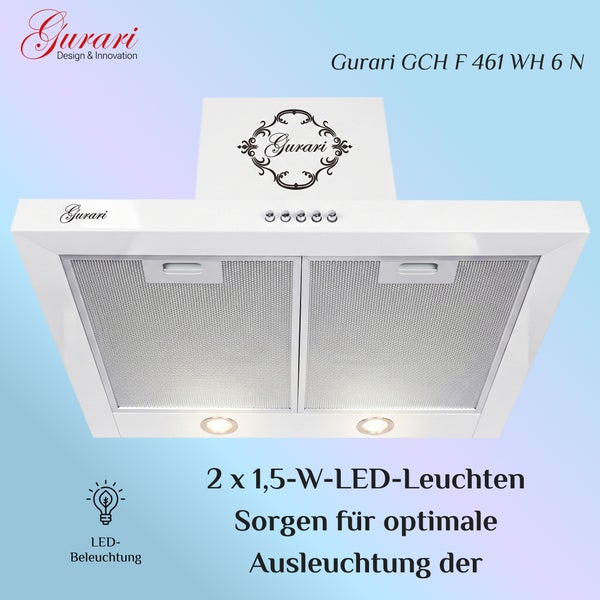 Wandhaube Gurari GCH F 461 WH 6 N mit zwei Metallfettfiltern und zwei LED Leuchten für die Küche