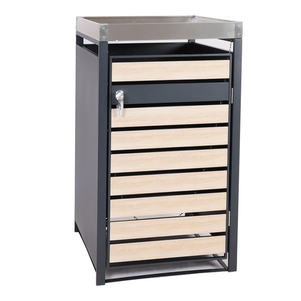 Mülltonnenbox aus Metall und Holzlatten