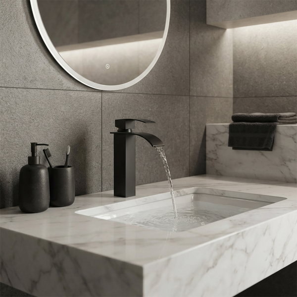 Moderne, schwarze Waschtischarmatur mit Wasserfall-Auslauf auf einem Waschtisch aus weißem Marmor in einem eleganten Badezimmer.