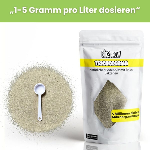 Bio2Grow Trichoderma Bodenpilz-Produkt mit Dosierlöffel