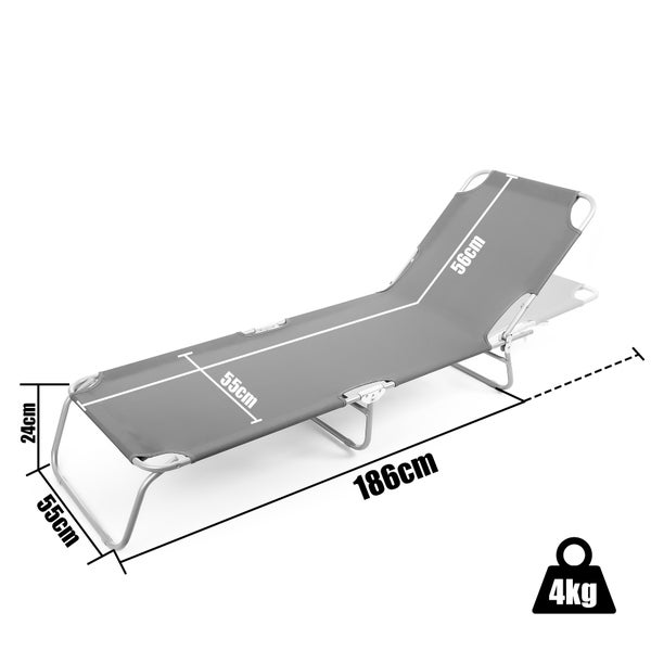 Abmessungen einer grauen Sonnenliege mit einem Gewicht von 4 Kilogramm