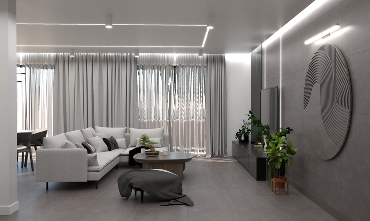 Heller Wohnraum mit Ecksofa, Couchtisch und minimalistischem Design